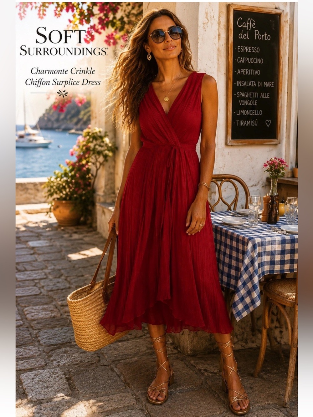 Soft Surroundings Charmonte Crinkle Chiffon Surplice Dress Red 8P Petite Resort